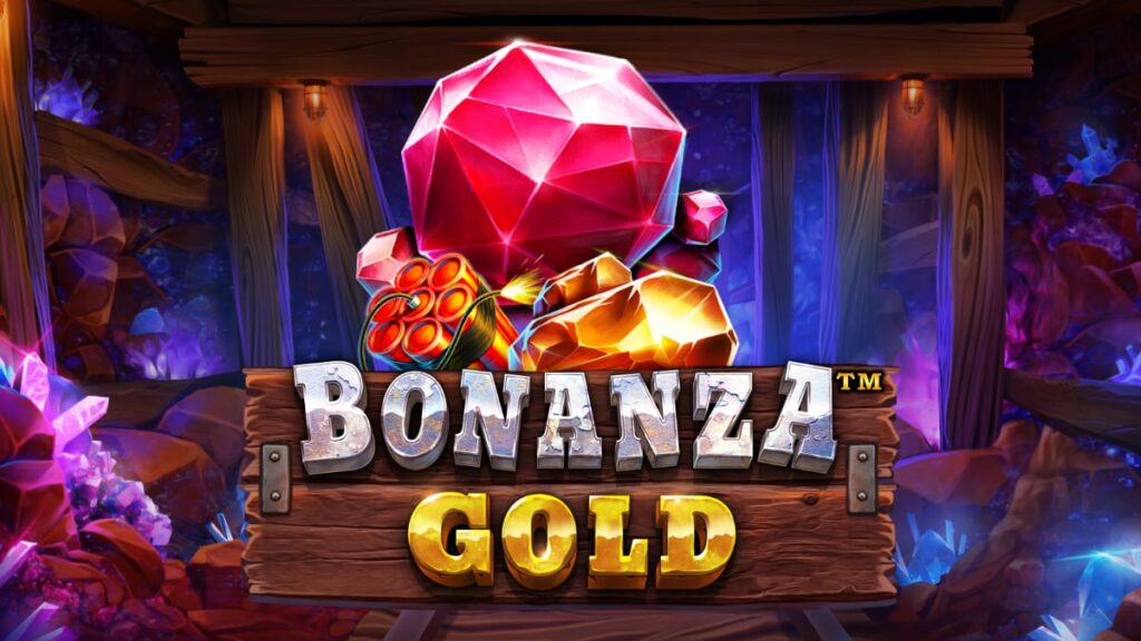 Bonanza Gold Slot game with reels filled with mining tools, gold bars, and Wild symbols against a gold mine backdrop