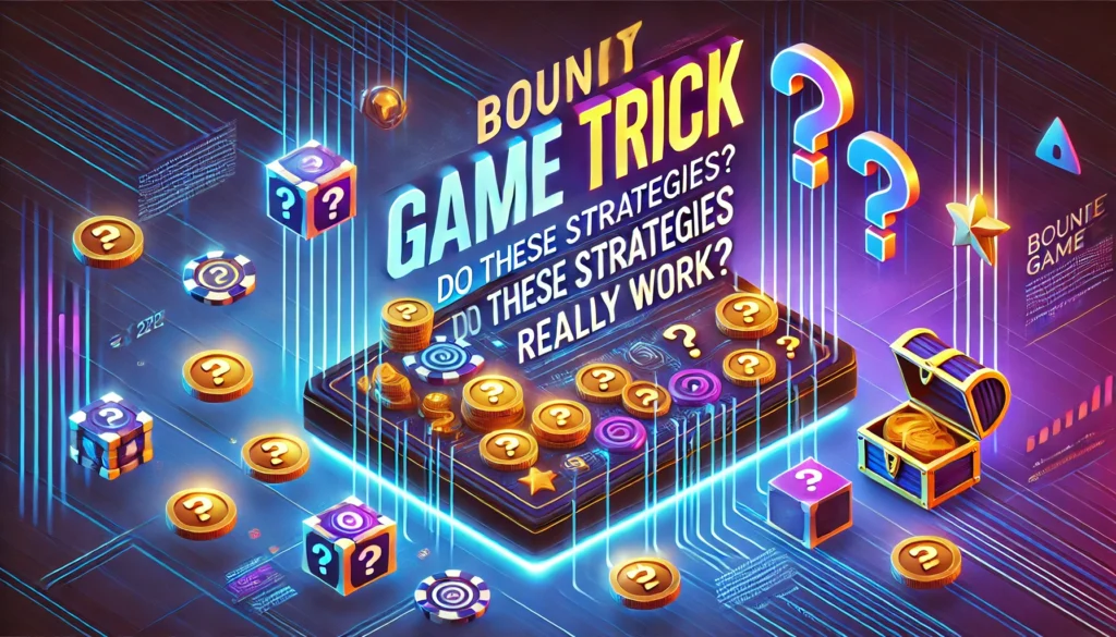 A bold rectangular article cover for "Bounty Game Trick: Do These Strategies Really Work?" featuring a futuristic grid, glowing neon blue and green elements, and gaming symbols like a treasure map, coins, and question marks, emphasizing the excitement and tactics of bounty game tricks.