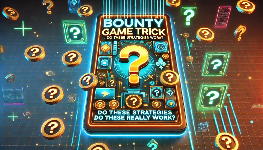 A vibrant rectangular article cover illustrating "Bounty Game Trick: Do These Strategies Really Work?" with gaming elements like coins, treasure chests, and glowing question marks, symbolizing mystery and strategy in bounty games, set against a gradient background of deep blues and purples.

