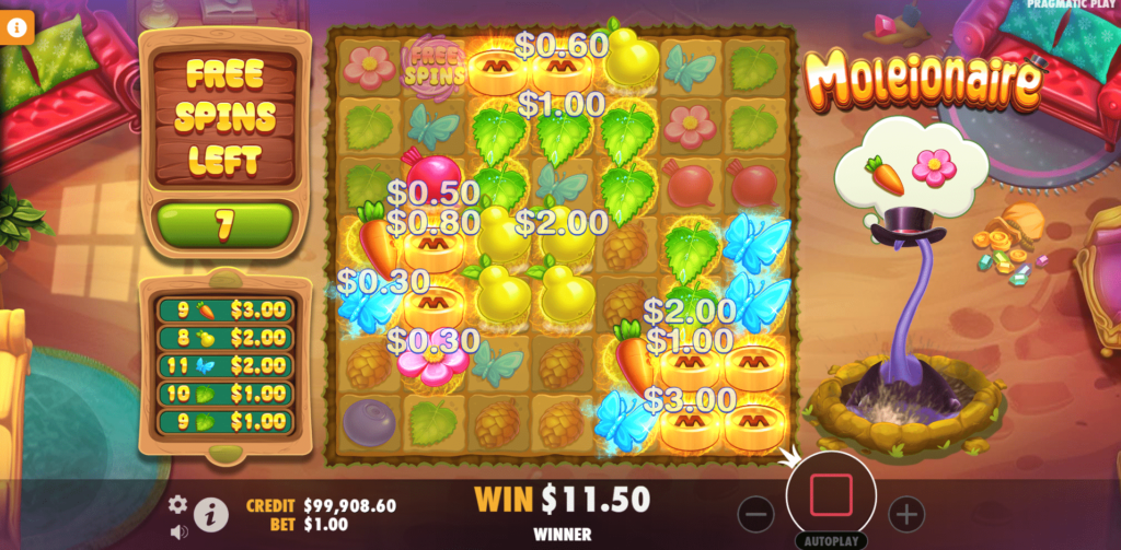 the Moleionaire slot game featuring underground treasures, mole characters, and exciting bonus features.