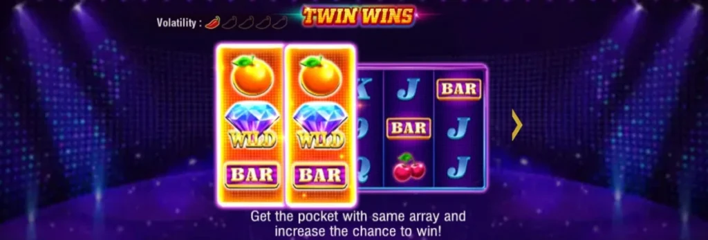 Slot Twin Wins by JILI featuring synced twin-reels with classic slot symbols like fruits, bells, and lucky 7s for big wins