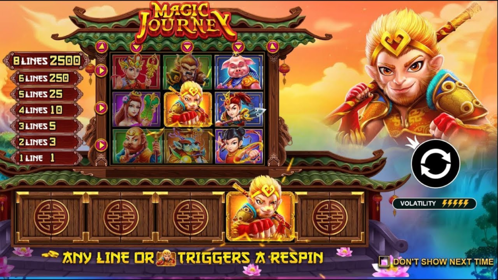 Magic Journey Slot game featuring mystical Chinese temple backdrop and legendary characters like the Monkey King