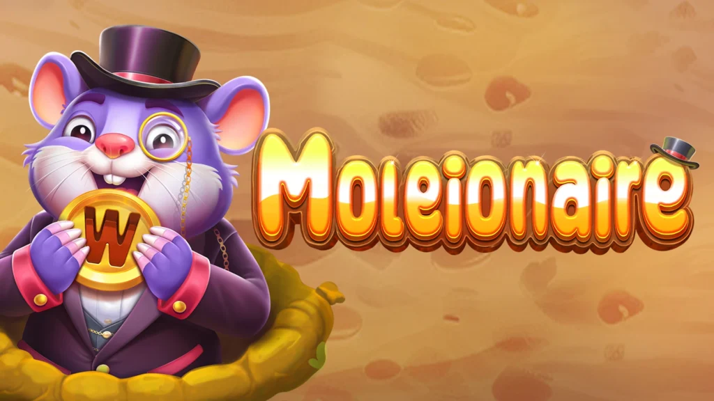 A dynamic scene from the Moleionaire slot game featuring cheerful mole characters, underground treasures, and exciting bonus features like multipliers and free spins.