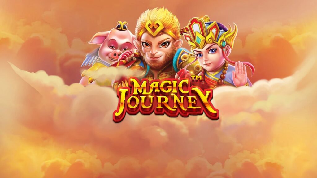 Magic Journey Slot game with vibrant Chinese mythology-inspired visuals, including characters like Zhu Bajie and the Monkey King in an enchanting temple setting.